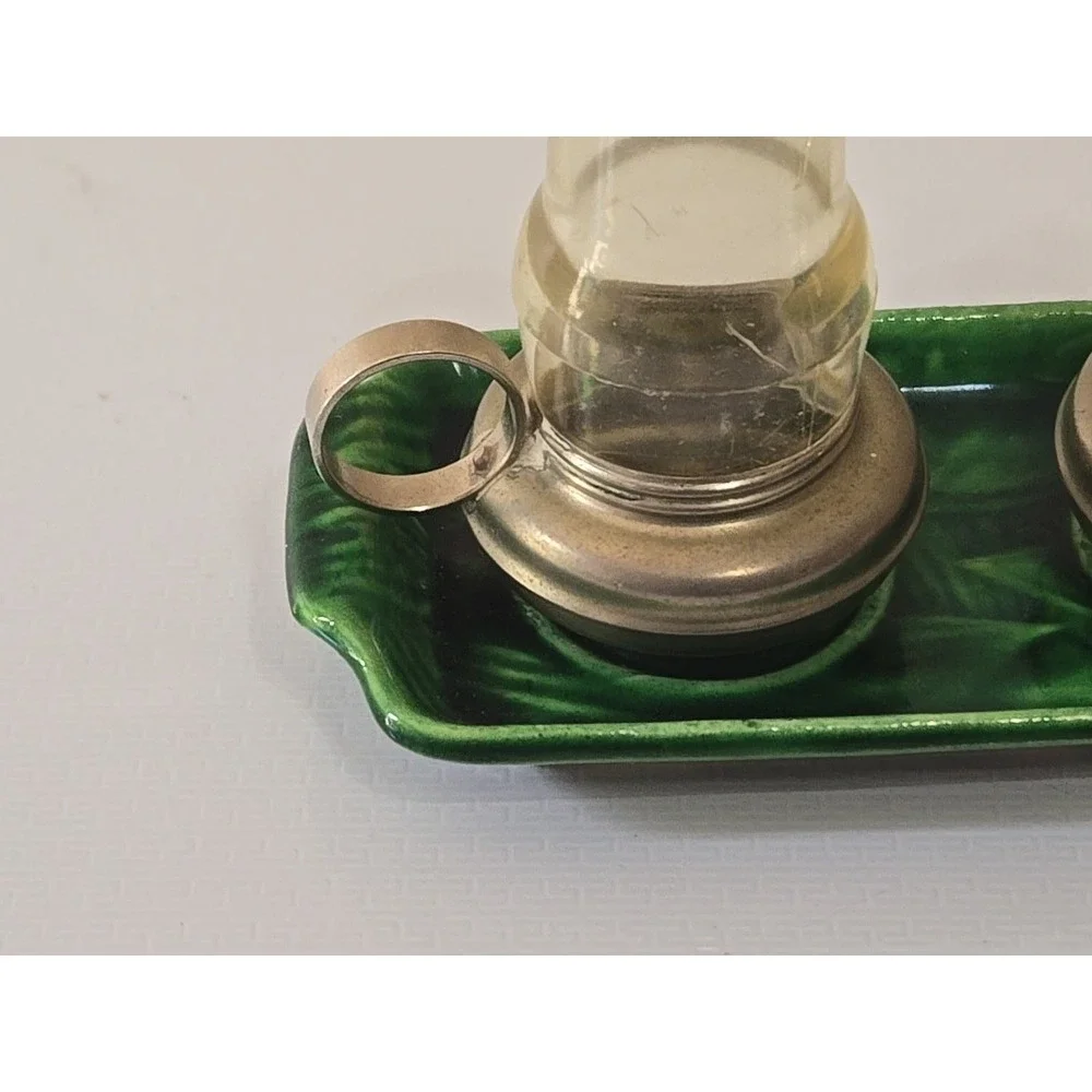 Vtg Japan Salt & Pepper Shakers Oil Lamp Metal Plastic Platform Hurricane MCM 3